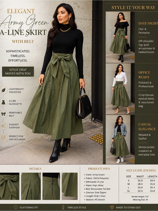 Passion of Essence Dresses & Skirts - Elegant Army Green Polyester A-Line Skirt with Belt